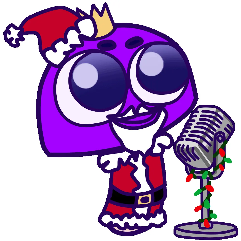A purple cartoon character dressed as Santa Claus with a red hat and white beard stands before a vintage microphone…