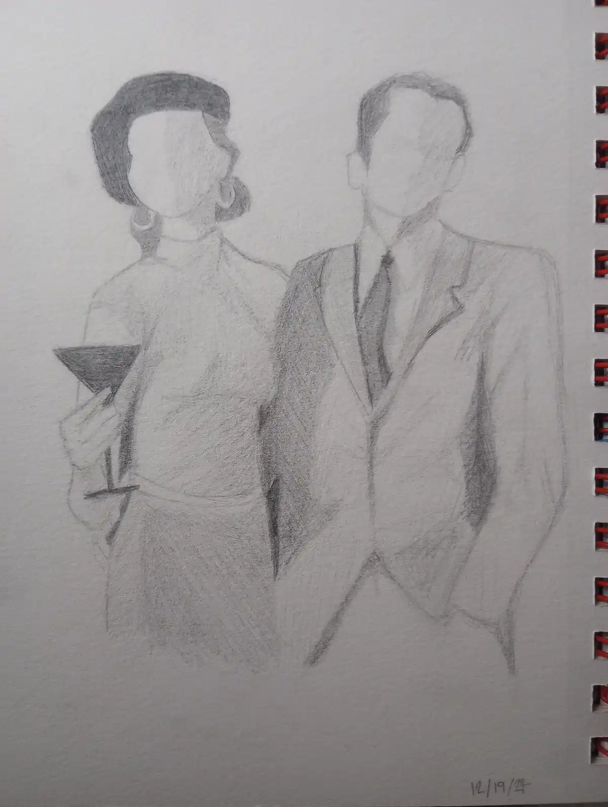 A pencil sketch of a man and woman standing side by side, both with blank faces, the woman holding a martini glass. The…