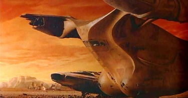 A dramatic painting of two starfighters, resembling X-wings, resting on a barren, orange-hued desert planet. The foreground…