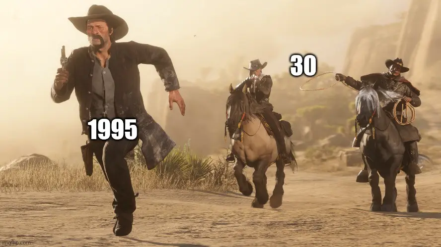 A man in a cowboy hat runs forward holding a pistol, labeled '1995'. Behind him, two other cowboys on horseback are labeled…