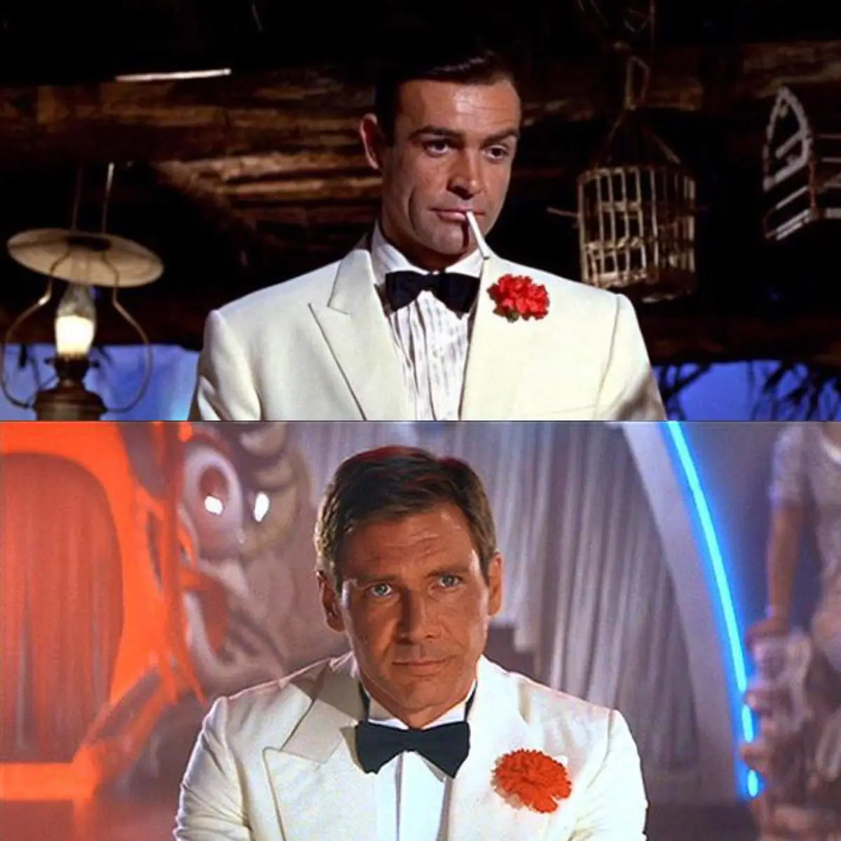 The image is a two-panel meme featuring Sean Connery as James Bond in a white tuxedo with a red flower and a cigarette in…