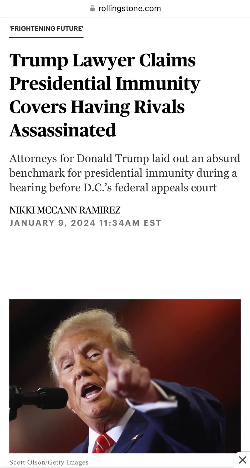 A screenshot of a Rolling Stone article from January 9, 2024, with the headline 'Trump Lawyer Claims Presidential Immunity…