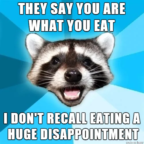A raccoon with a wide, toothy grin is centered against a blue radial gradient background. The top text reads 'THEY SAY YOU…