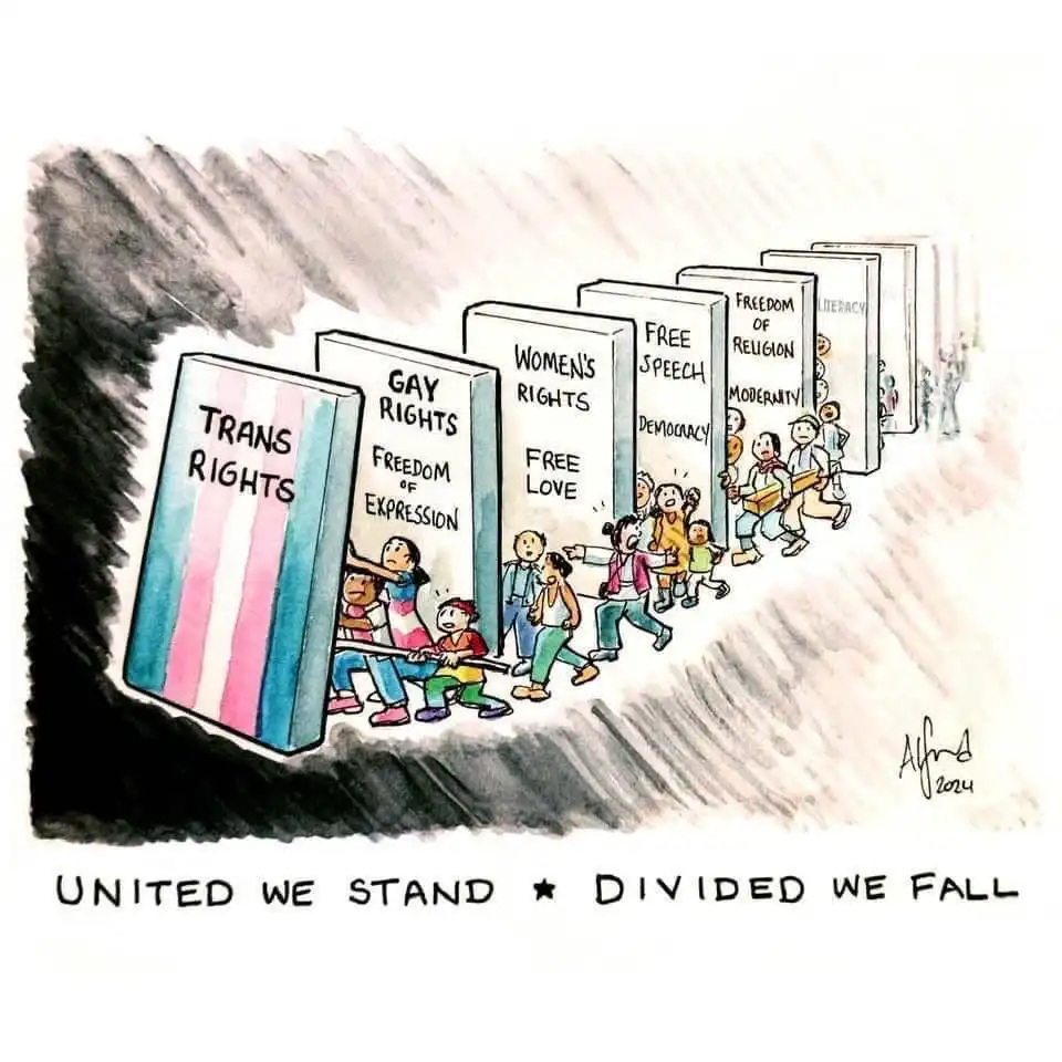 A cartoon depicts a group of diverse people pushing large, labeled books representing social rights like 'Trans Rights'…