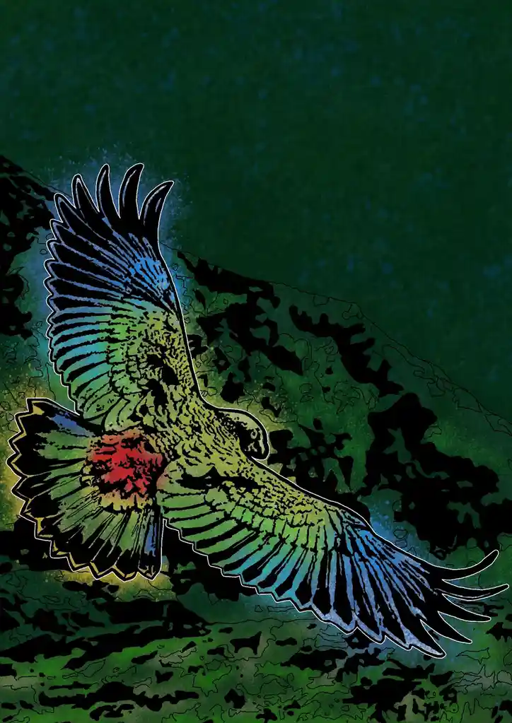 A stylized illustration of a large green and blue bird with a red chest, depicted in mid-flight against a dark green…