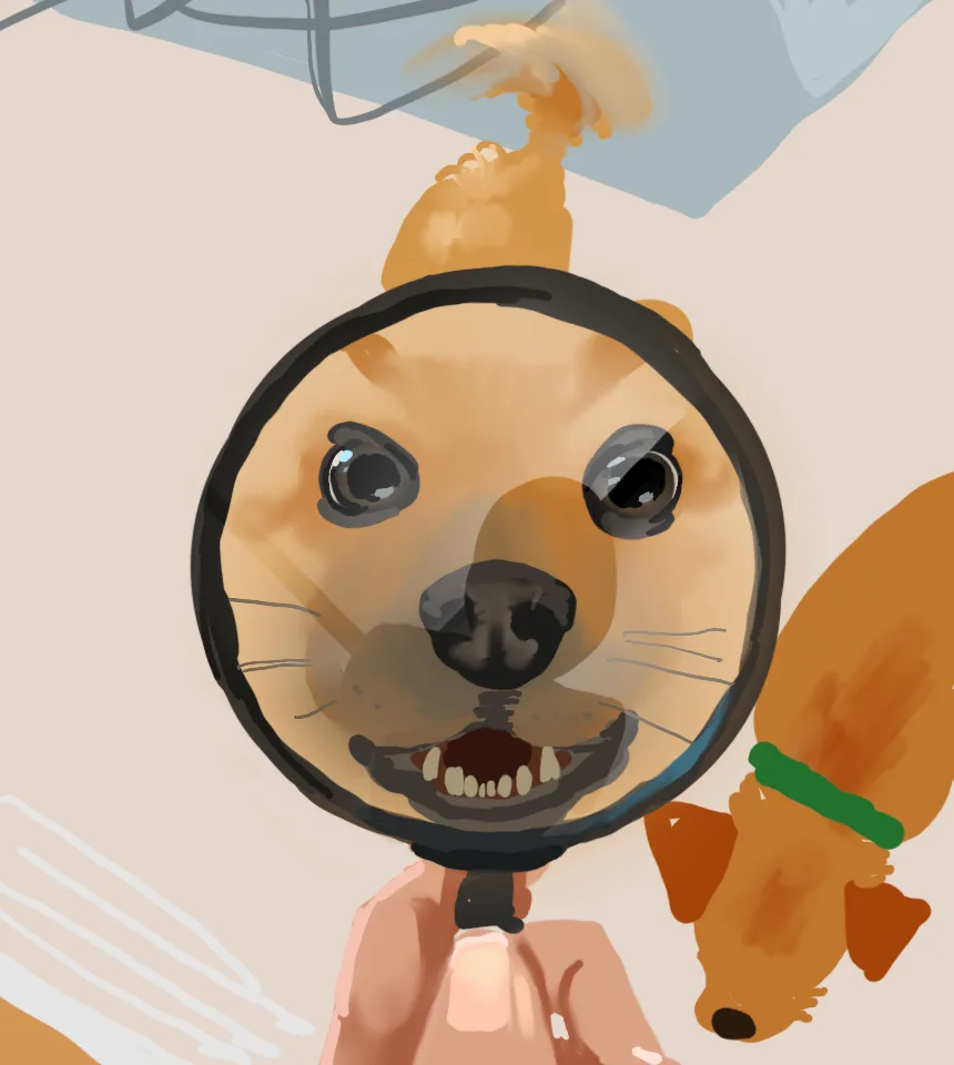 A cartoon dog with a green collar is shown holding a magnifying glass up to its own face, which magnifies its expression to…