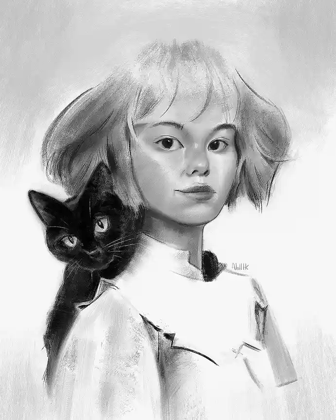A black-and-white pencil sketch of a young girl with short hair, looking directly at the viewer, with a black cat peeking…