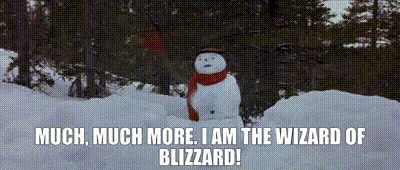 A snowman in a red scarf and black hat stands in a snowy forest, repeatedly shouting 'MUCH, MUCH MORE. I AM THE WIZARD OF…