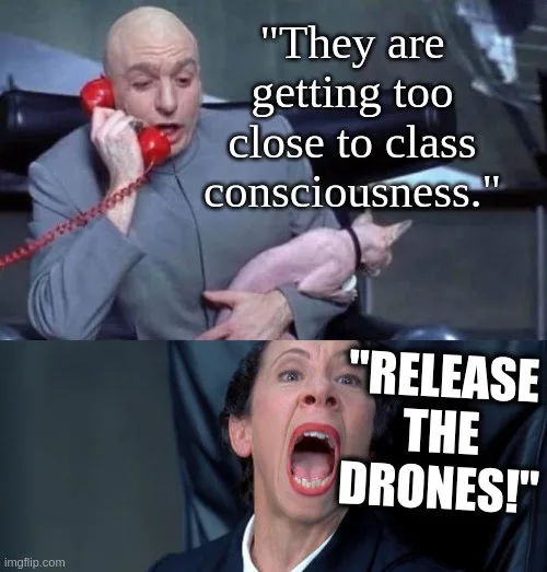 The top panel shows a bald man in a grey suit holding a red phone receiver while cradling a pink hairless cat. The bottom…
