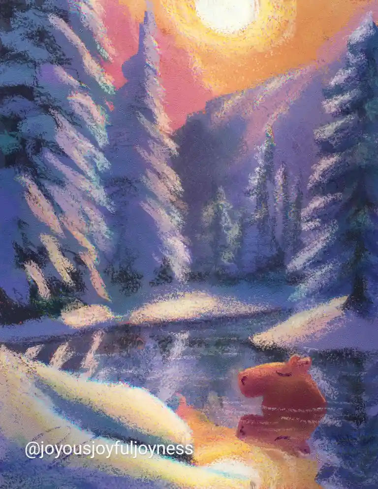 A stylized, painterly image depicts a serene, snowy mountain landscape at sunset or sunrise, with a large, warm sun in the…