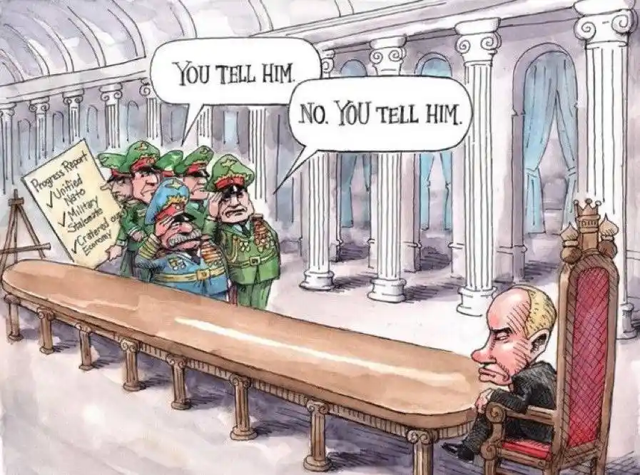 A cartoon depicts a group of stern-looking military officers in green uniforms standing at a long table, presenting a…