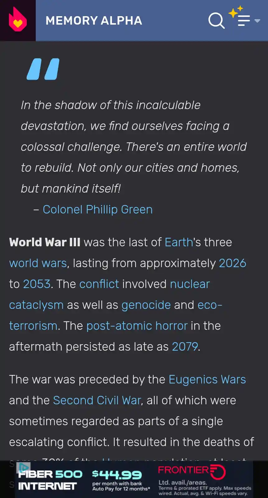 A screenshot from the 'Memory Alpha' wiki page about World War III, which describes it as lasting from 2026 to 2053 and…