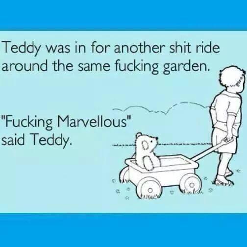 A simple black-and-white cartoon depicts a child pushing a wagon with a teddy bear inside across a grassy area. The image…