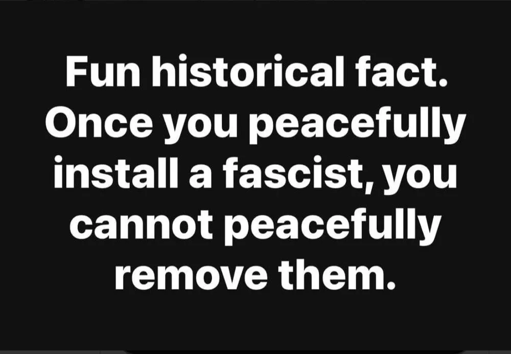 A black background with large white text that reads: 'Fun historical fact. Once you peacefully install a fascist, you cannot…