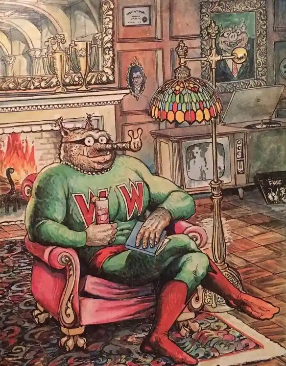 A cartoonish, muscular, horned creature wearing a green 'W' jersey and red boots sits in a red armchair, holding a drink and…