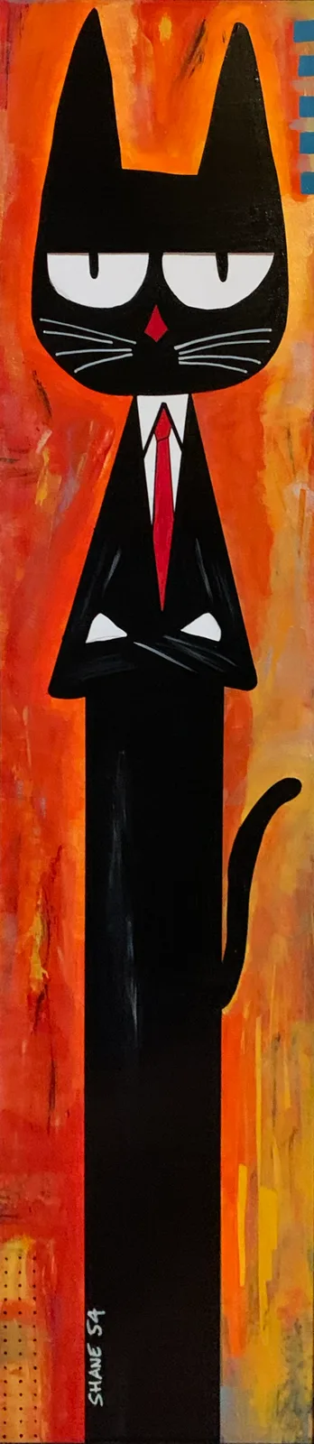 A stylized black cat with white eyes and a red nose stands upright wearing a black suit with a red tie, arms crossed…