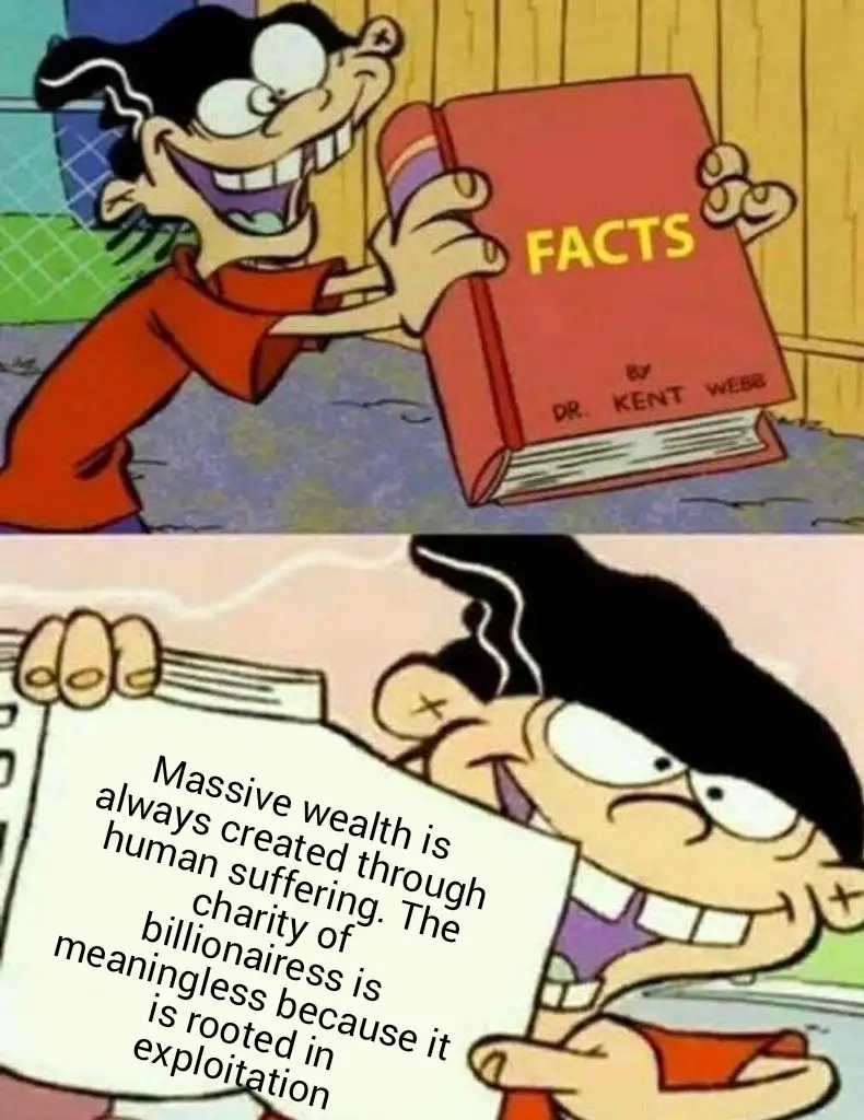 The top panel shows a cartoon boy in a red shirt holding a red book titled 'FACTS' by Dr. Kent Webb, grinning widely. The…