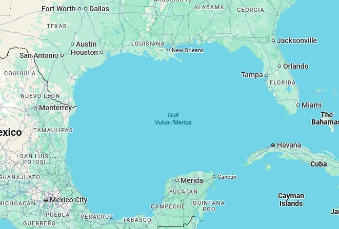 A map of the Gulf of Mexico region with the body of water labeled 'Gulf Vulva-Merica' in place of 'Gulf of Mexico'. The map…