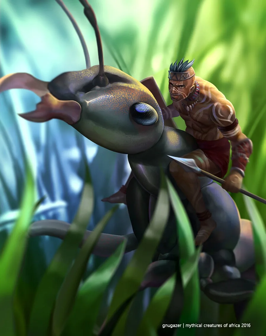 A muscular warrior with tribal adornments is depicted riding a giant, detailed ant through tall green grass. The warrior…