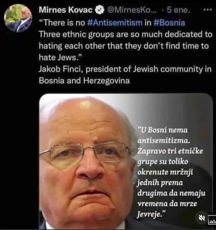 A screenshot of a tweet by Mirnes Kovac showing a photo of Jakob Finci, a man with glasses and a serious expression…