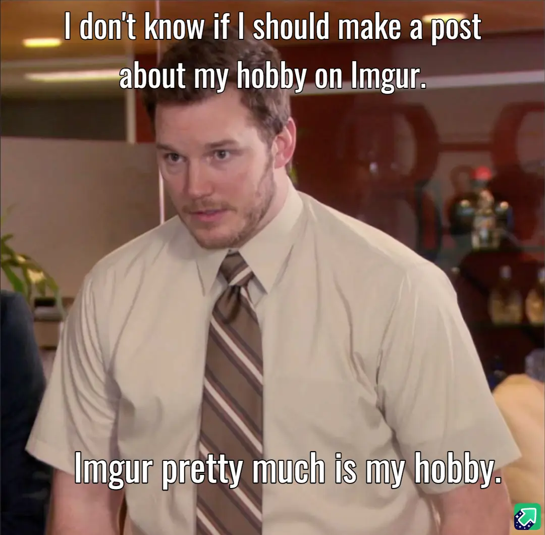 A man in a beige shirt and striped tie looks uncertain, overlaid with text questioning whether to post about his hobby on…