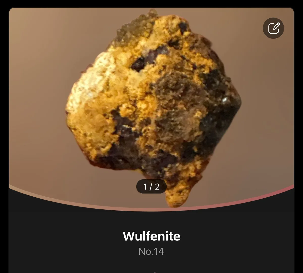 A close-up image of a rough, irregularly shaped mineral specimen with mottled yellow and dark brown/black patches, labeled…