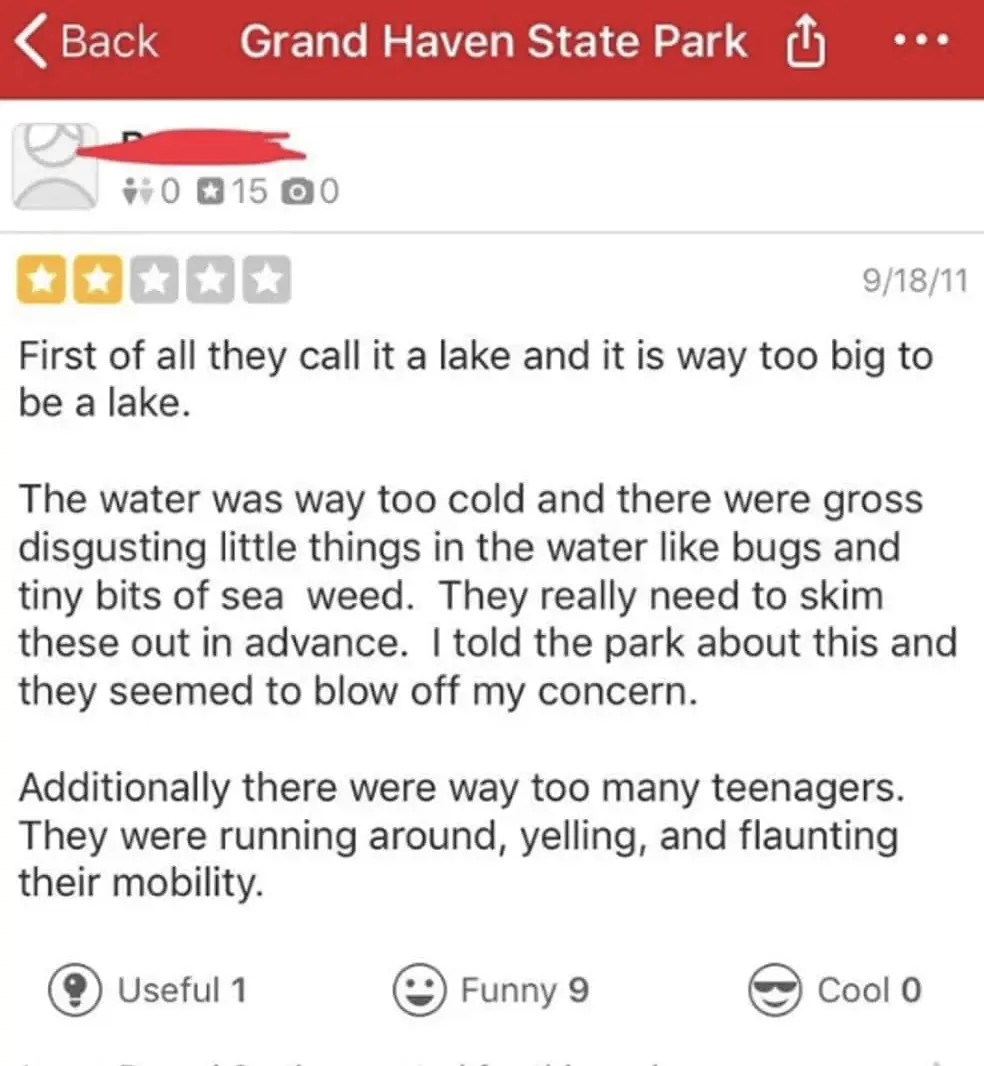 A screenshot of a 2011 Yelp review for Grand Haven State Park, rated two stars, complaining about the water being too cold…