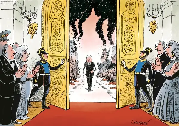 a political cartoon depicts a man in a suit walking through ornate golden doors into a scene of rubble, smoke, and…