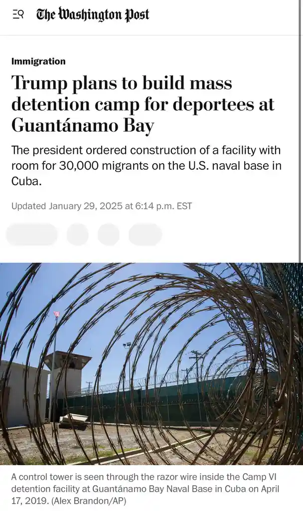 A screenshot of a Washington Post article with a headline about Trump planning a mass detention camp for deportees at…