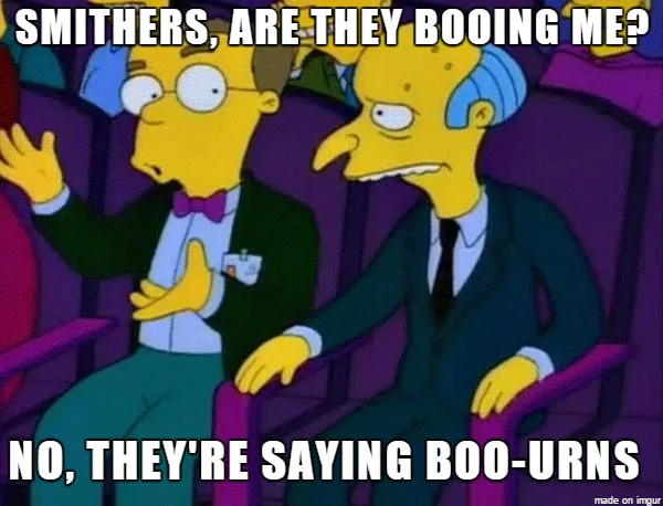 Two characters from The Simpsons, Smithers and Mr. Burns, are seated in an audience. Smithers, on the left, looks anxious…