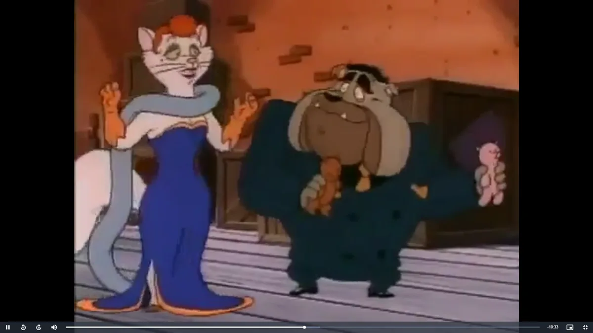 In a cartoon scene, a white cat in a blue gown and scarf stands beside a large, muscular bulldog in a dark suit holding two…