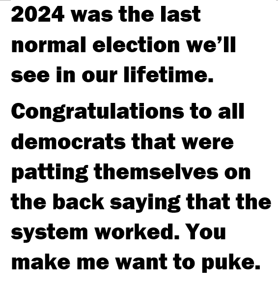 A plain white background with bold black text that reads: '2024 was the last normal election we'll see in our lifetime…