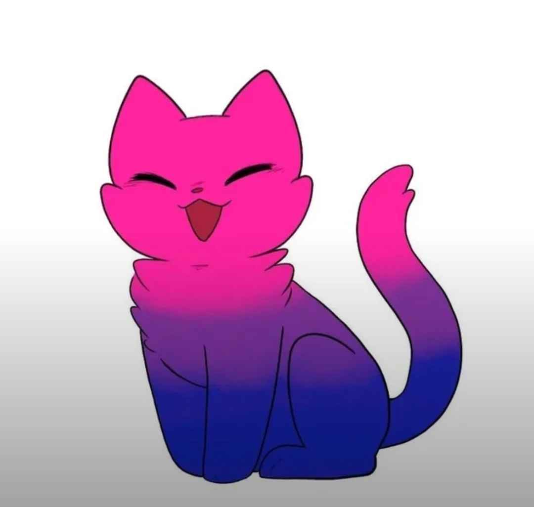 A cartoon cat with a pink-to-blue gradient body sits happily with closed eyes and a wide, joyful smile. The overlaid text…