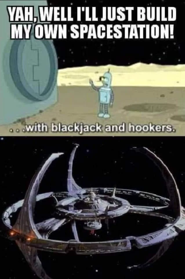 The top panel shows a cartoon robot standing on a barren, moon-like surface next to a large circular structure, with text…