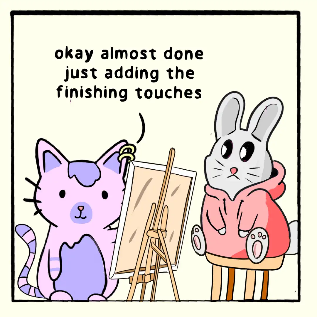 A cartoon pink cat with purple markings sits at an easel painting a blank canvas, while a grey rabbit in a pink hoodie sits…