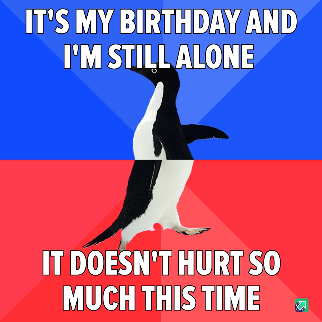 A black-and-white penguin stands centered against a split blue and red background. White bold text at the top reads 'IT'S MY…