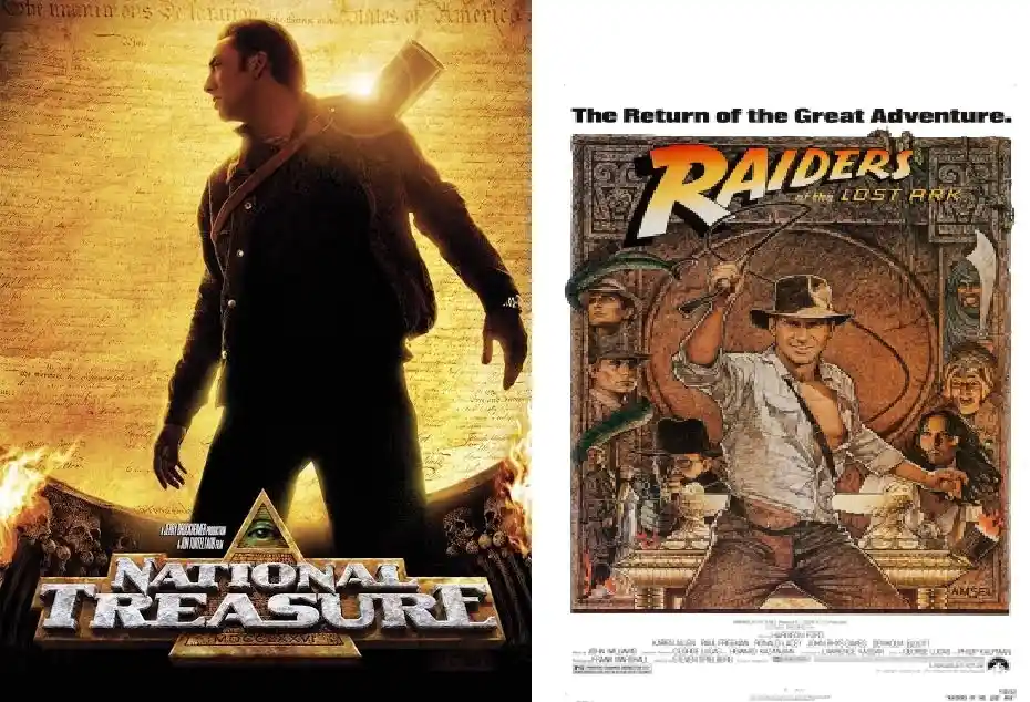 The image displays two movie posters side by side. The left poster is for 'National Treasure,' featuring a man in a dark…