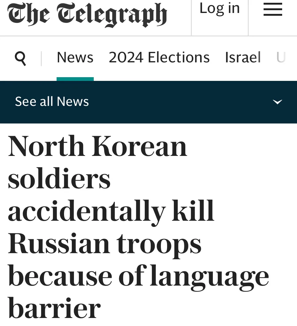 A screenshot of The Telegraph news website shows a headline that reads 'North Korean soldiers accidentally kill Russian…