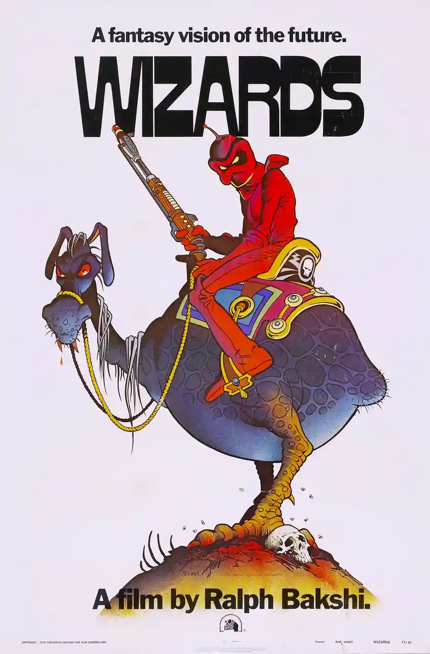 This is a vintage movie poster for the 1977 animated film 'Wizards' by Ralph Bakshi. It features a red-skinned, insectoid…