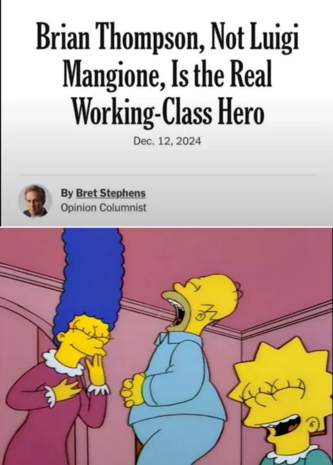 The image displays a fake newspaper article header with the headline 'Brian Thompson, Not Luigi Mangione, Is the Real…