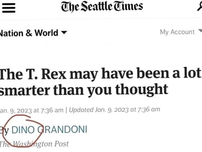 A screenshot of a Seattle Times news article with the headline 'The T. Rex may have been a lot smarter than you thought' and…