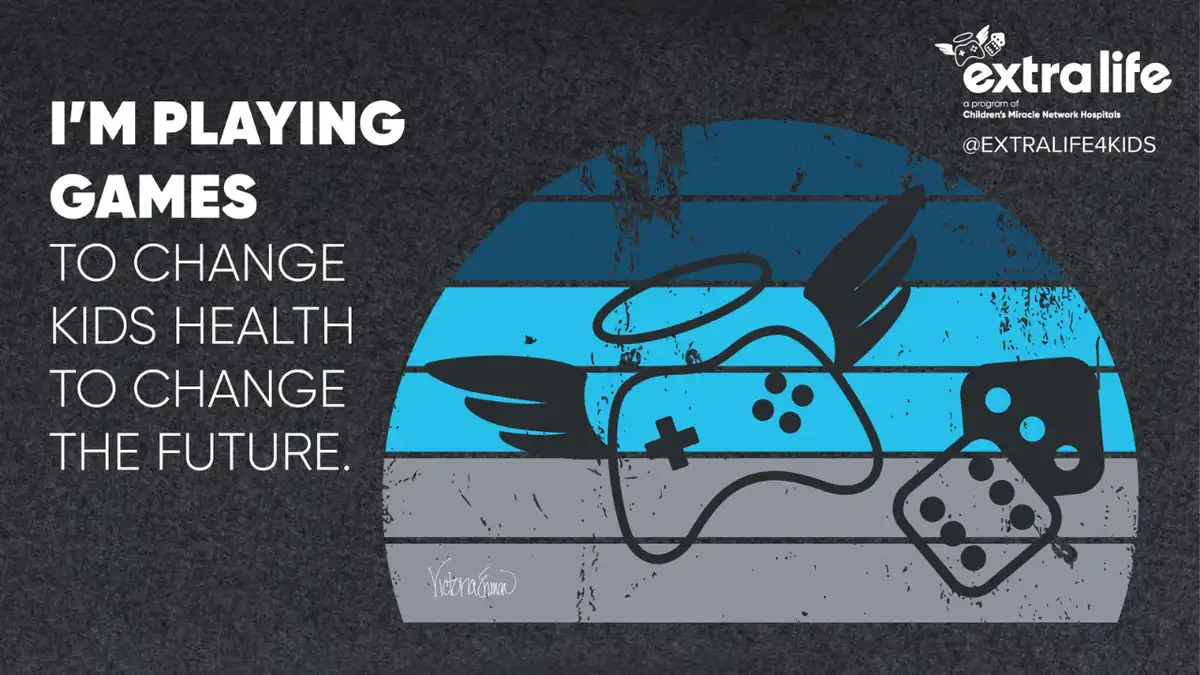 A graphic shows a stylized game controller and dice with wings, set against a blue and gray striped background. Text on the…