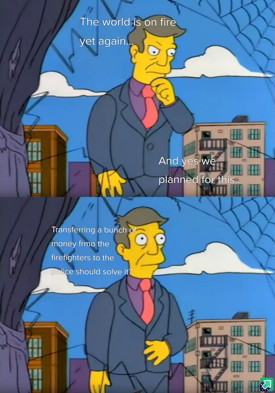 The image shows two panels of a cartoon man in a suit and tie, looking concerned and then confused. The top panel has text…