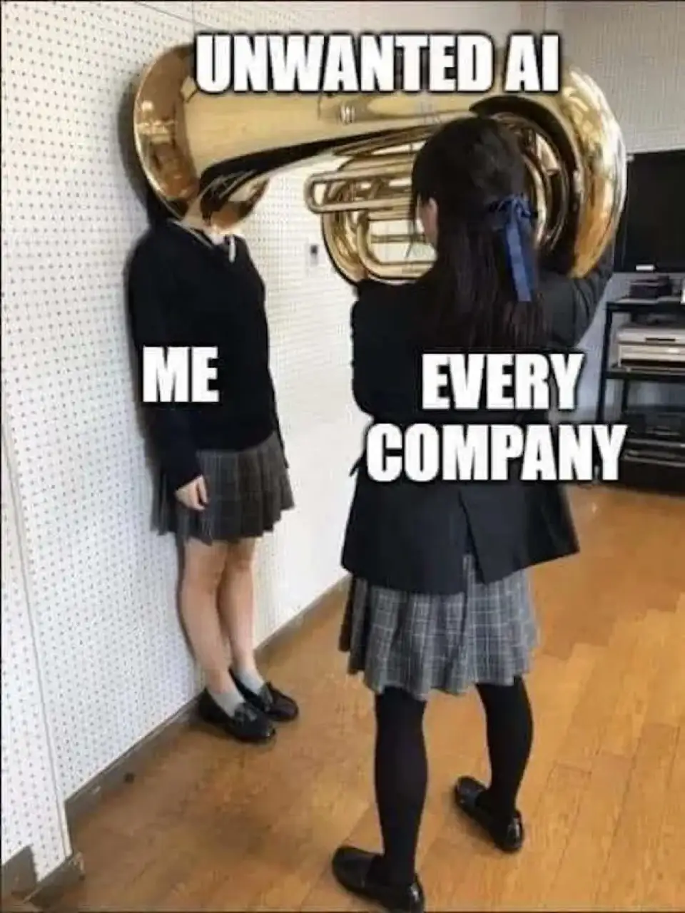 Two schoolgirls in uniforms stand in a room; one has a tuba for a head and is labeled 'ME' while the other, holding the…