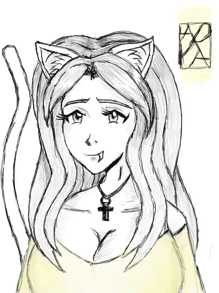A black-and-white pencil sketch of an anime-style girl with cat ears and a tail, fangs, and a cross necklace, looking…