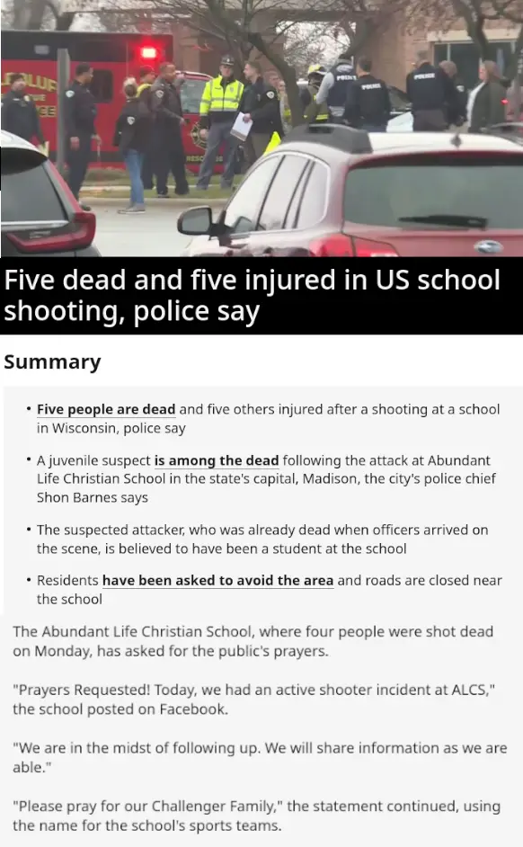 An image of emergency responders at a school scene is overlaid with a news headline reading 'Five dead and five injured in…