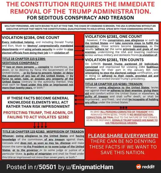 A red-background infographic with white and black text boxes detailing legal arguments for removing the Trump administration…