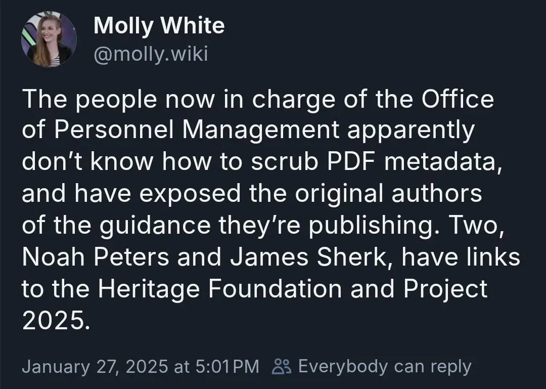 A screenshot of a tweet from Molly White (@molly.wiki) dated January 27, 2025, which states that the current leadership of…