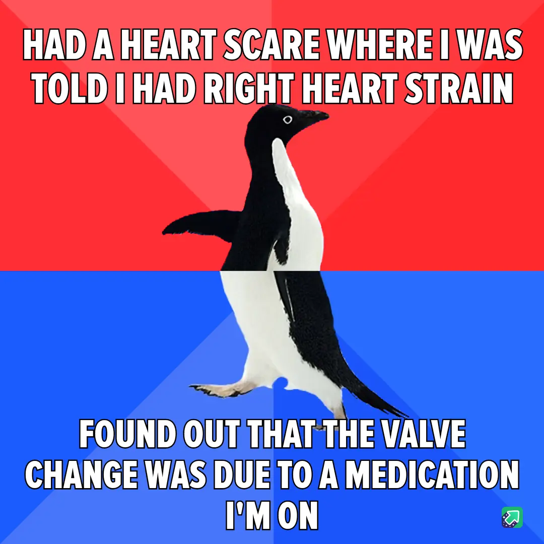 A black-and-white penguin stands centered against a red-and-blue background, with bold white text overlaid in two sections…