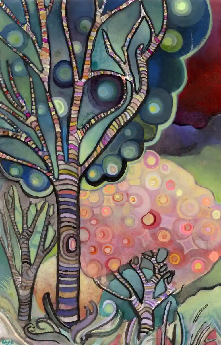 A stylized, colorful painting of a tree with a human-like face, featuring large eyes and a mouth formed by its branches, set…